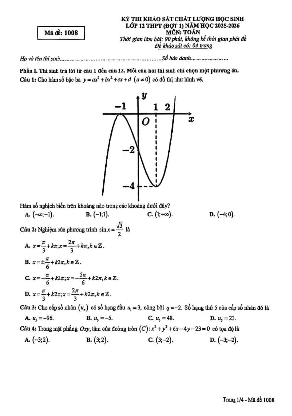 đề khảo sát chất lượng toán 12 đợt 1 năm 2025 – 2026 sở gd&đt phú thọ