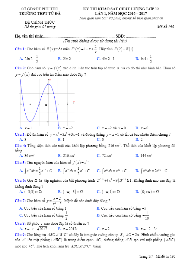 đề khảo sát chất lượng toán 12 năm học 2016 – 2017 trường thpt tử đà – phú thọ lần 1