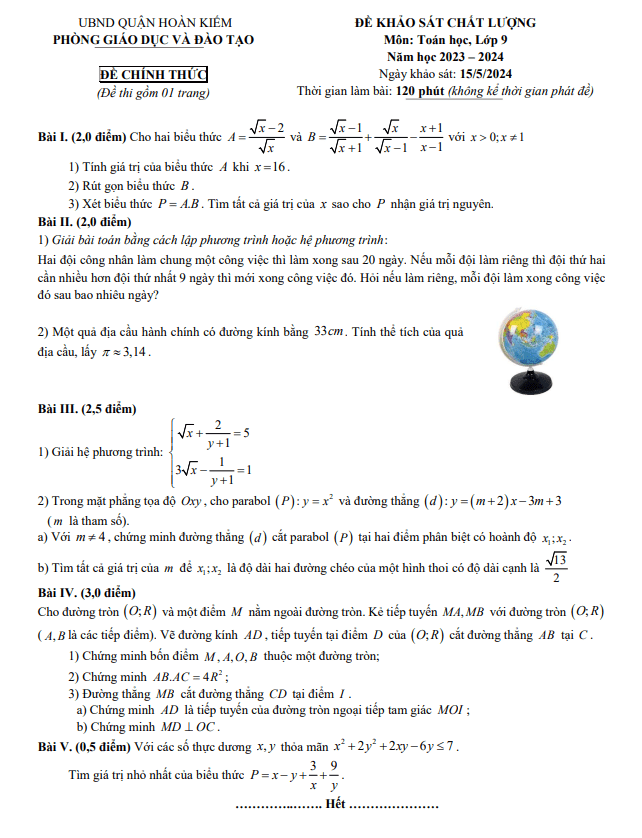 đề khảo sát chất lượng toán 9 năm 2023 – 2024 phòng gd&đt hoàn kiếm – hà nội