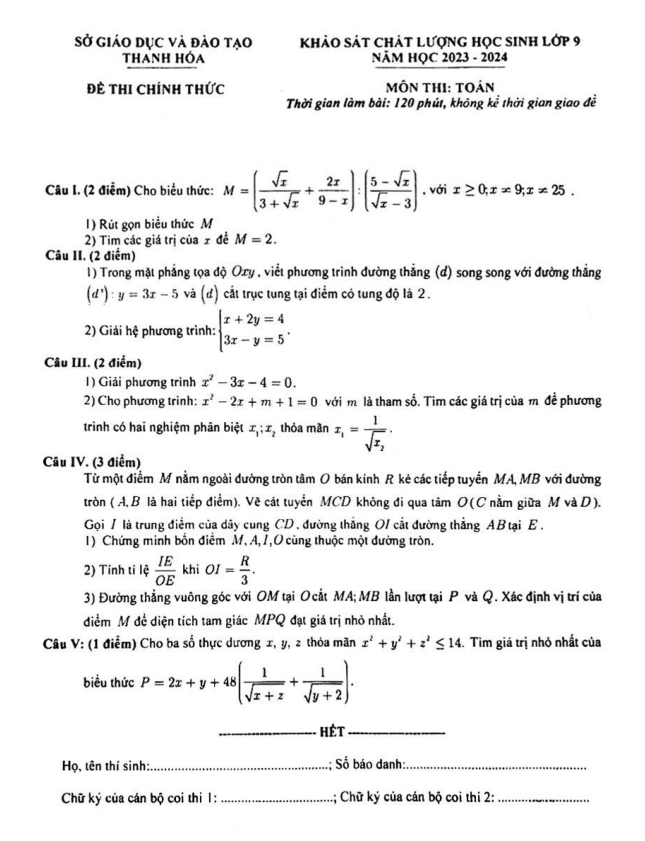 đề khảo sát chất lượng toán 9 năm 2023 – 2024 sở gd&đt thanh hóa