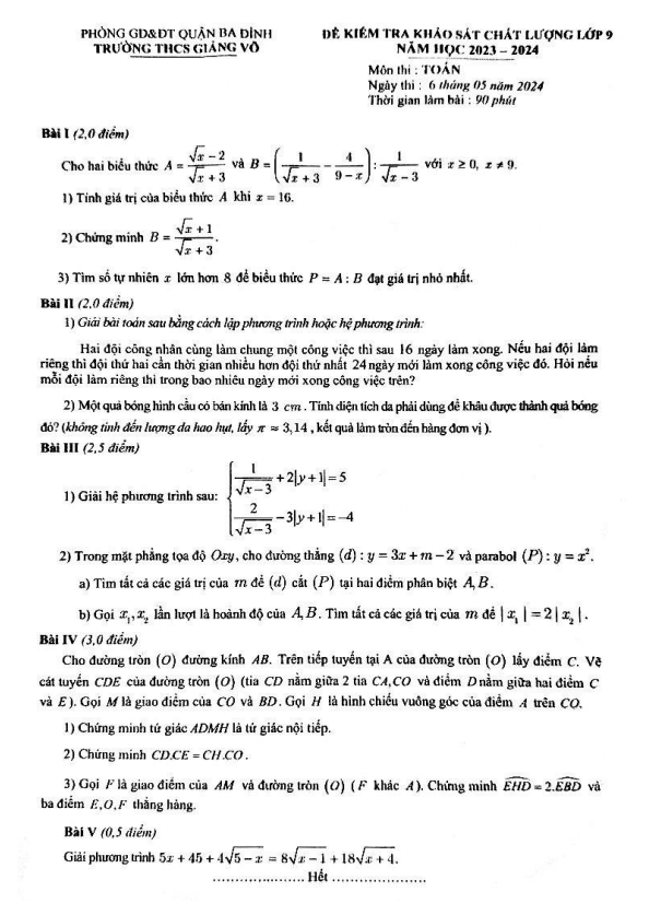 đề khảo sát chất lượng toán 9 năm 2023 – 2024 trường thcs giảng võ – hà nội