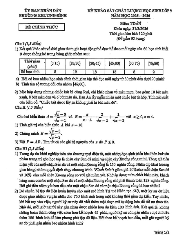 đề khảo sát chất lượng toán 9 năm 2025 – 2026 phường khương đình – hà nội