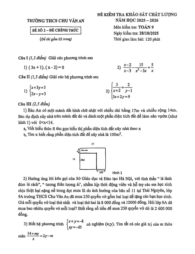 đề khảo sát chất lượng toán 9 năm 2025 – 2026 trường thcs chu văn an – hà nội
