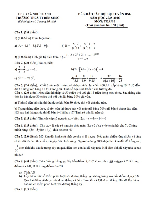 đề khảo sát hsg toán 6 năm 2025 – 2026 trường thcs tt bến sung – thanh hóa
