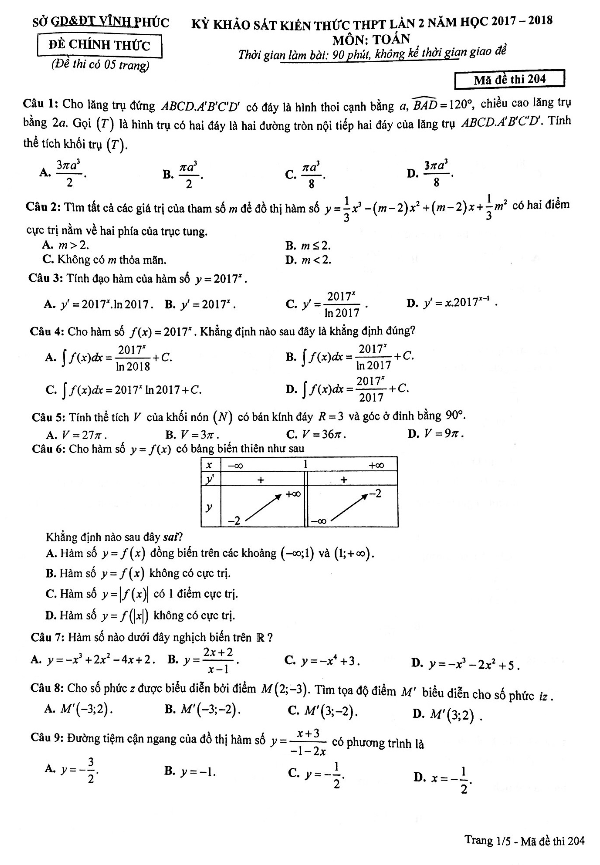 đề khảo sát kiến thức toán 12 thpt năm 2017 – 2018 sở gd và đt vĩnh phúc lần 2