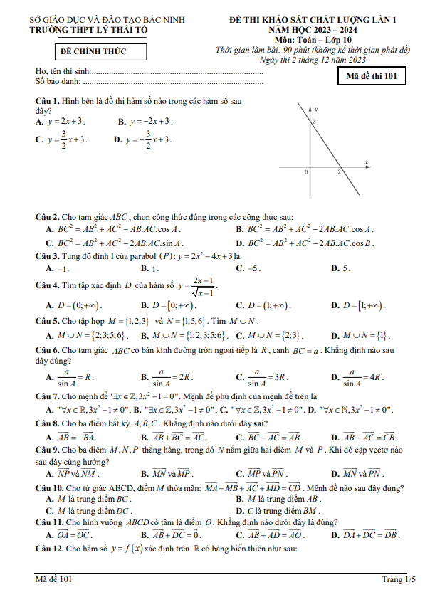 đề khảo sát lần 1 toán 10 năm 2023 – 2024 trường thpt lý thái tổ – bắc ninh