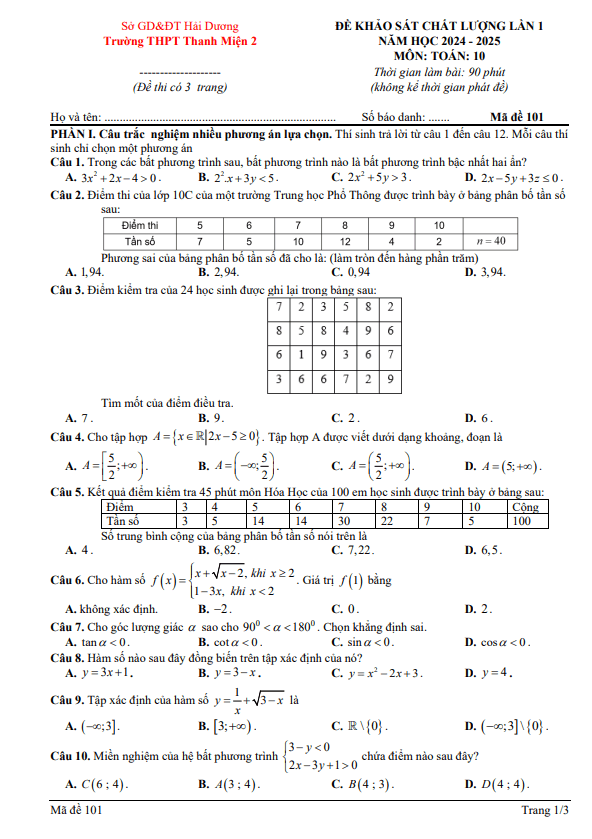 đề khảo sát lần 1 toán 10 năm 2024 – 2025 trường thpt thanh miện 2 – hải dương