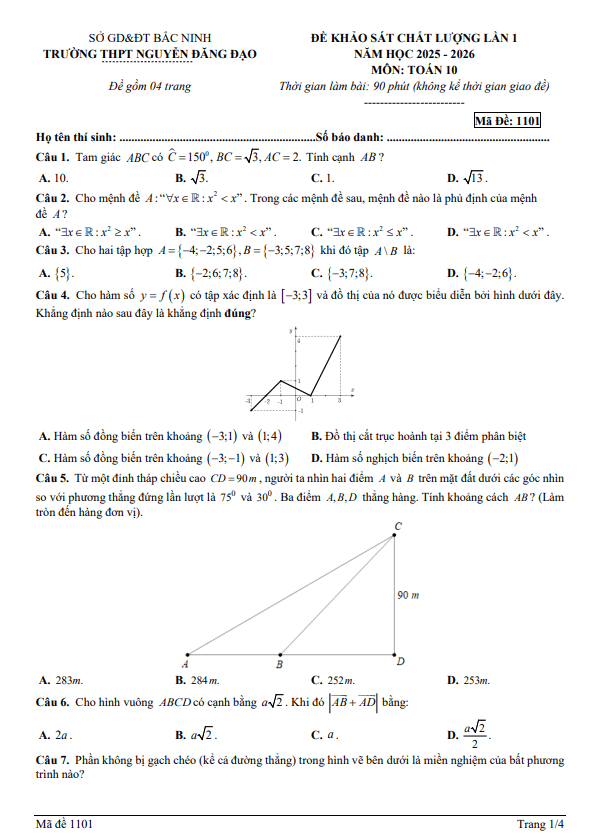 đề khảo sát lần 1 toán 10 năm 2025 – 2026 trường thpt nguyễn đăng đạo – bắc ninh