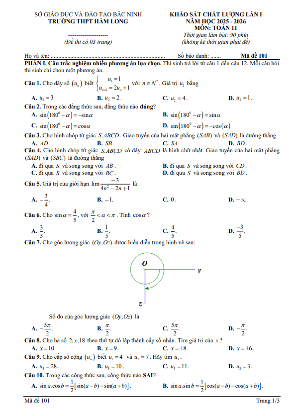 đề khảo sát lần 1 toán 11 năm 2025 – 2026 trường thpt hàm long – bắc ninh