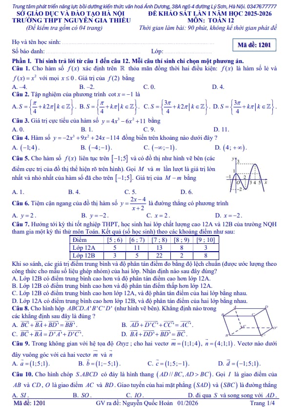 đề khảo sát lần 1 toán 12 năm 2025 – 2026 trường thpt nguyễn gia thiều – hà nội