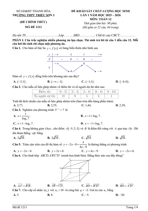 đề khảo sát lần 1 toán 12 năm 2025 – 2026 trường thpt triệu sơn 3 – thanh hóa