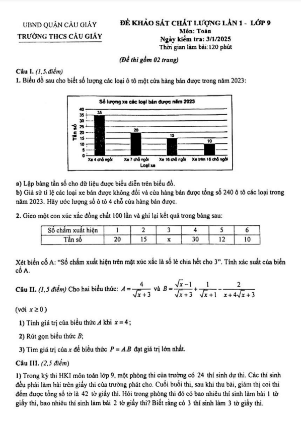 đề khảo sát lần 1 toán 9 năm 2024 – 2025 trường thcs cầu giấy – hà nội
