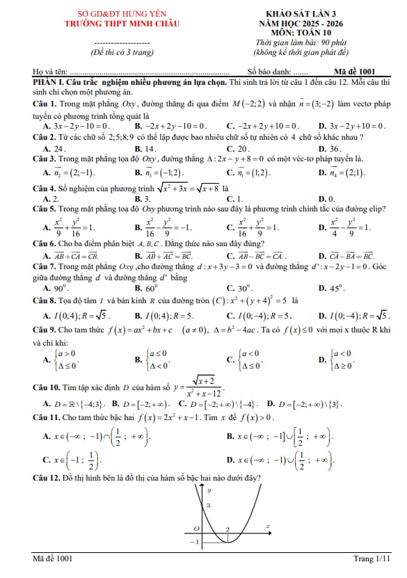 đề khảo sát lần 3 toán 10 năm 2025 – 2026 trường thpt minh châu – hưng yên