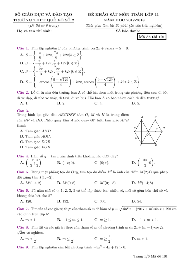 đề khảo sát môn toán 11 năm học 2017 – 2018 trường thpt quế võ 2 – bắc ninh