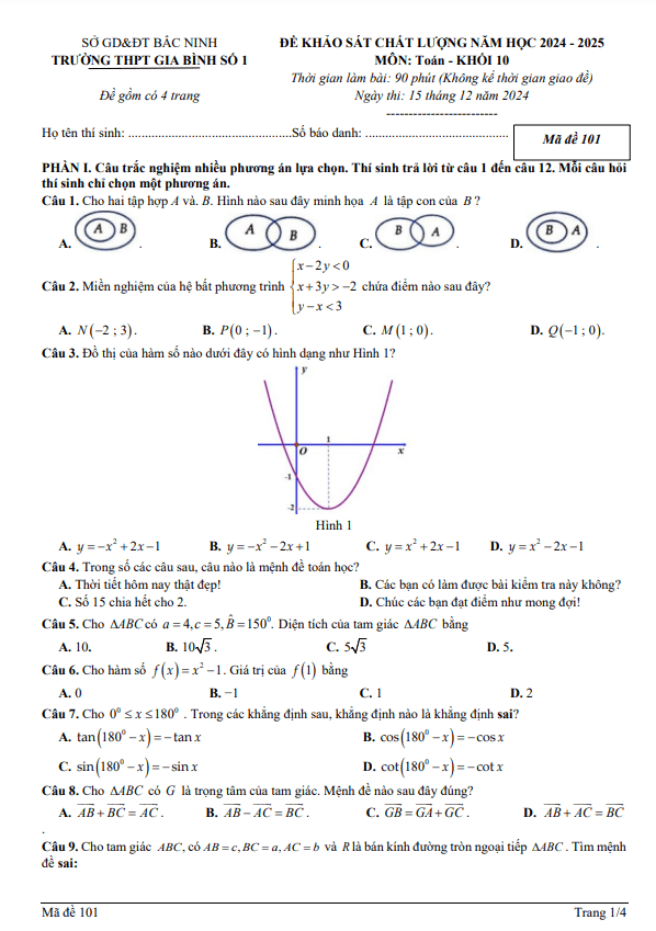 đề khảo sát tháng 12 toán 10 năm 2024 – 2025 trường thpt gia bình 1 – bắc ninh