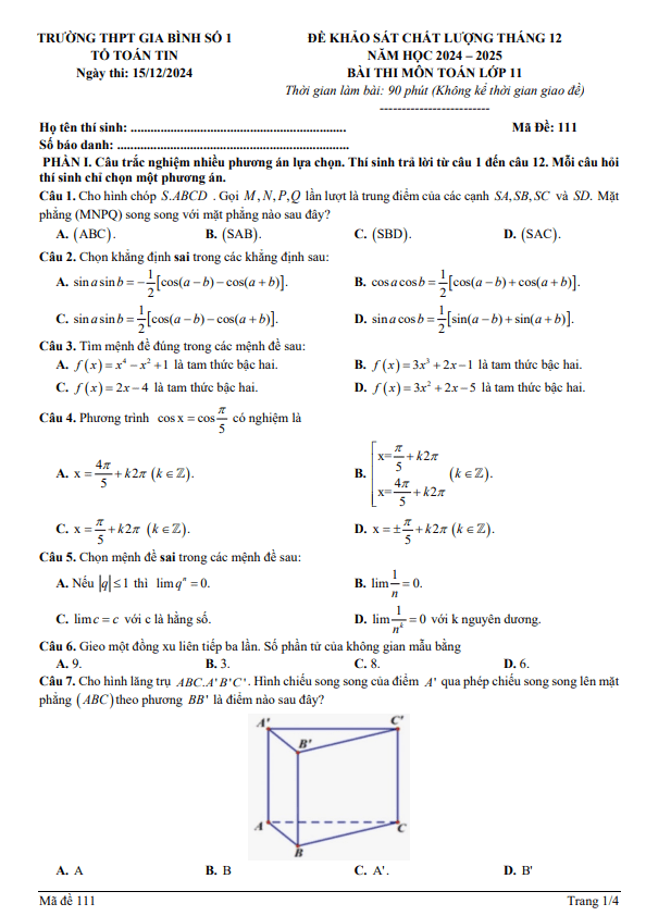 đề khảo sát tháng 12 toán 11 năm 2024 – 2025 trường thpt gia bình 1 – bắc ninh