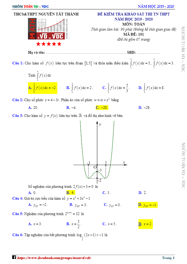 đề khảo sát thi tn thpt 2020 môn toán trường nguyễn tất thành – hà nội
