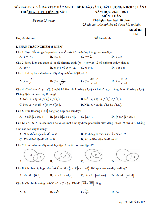 đề khảo sát toán 10 lần 1 năm 2020 – 2021 trường tiên du 1 – bắc ninh