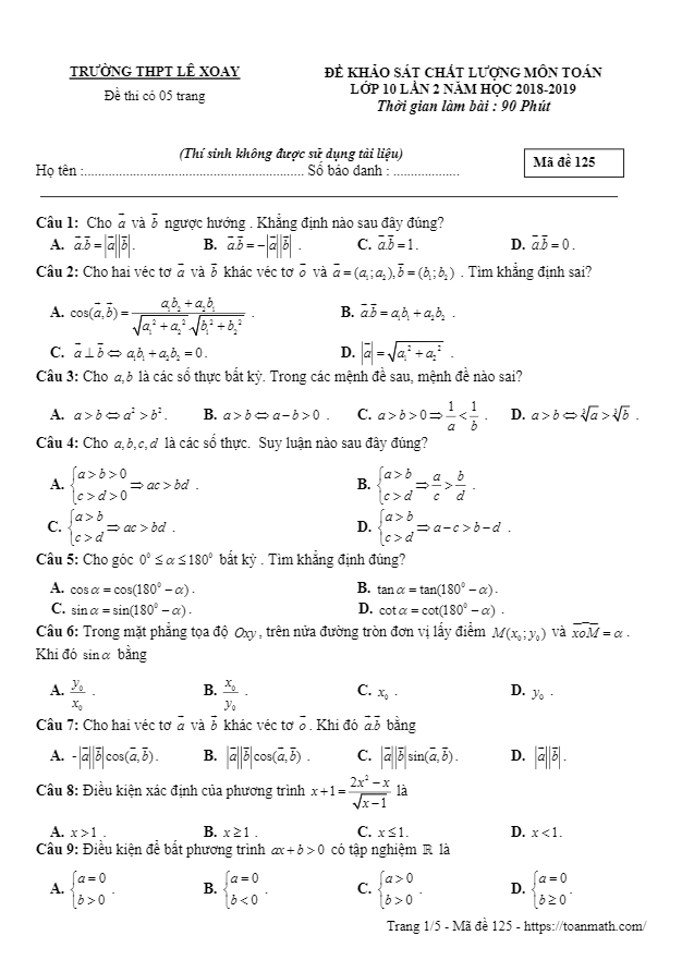 đề khảo sát toán 10 lần 2 năm 2018 – 2019 trường thpt lê xoay – vĩnh phúc