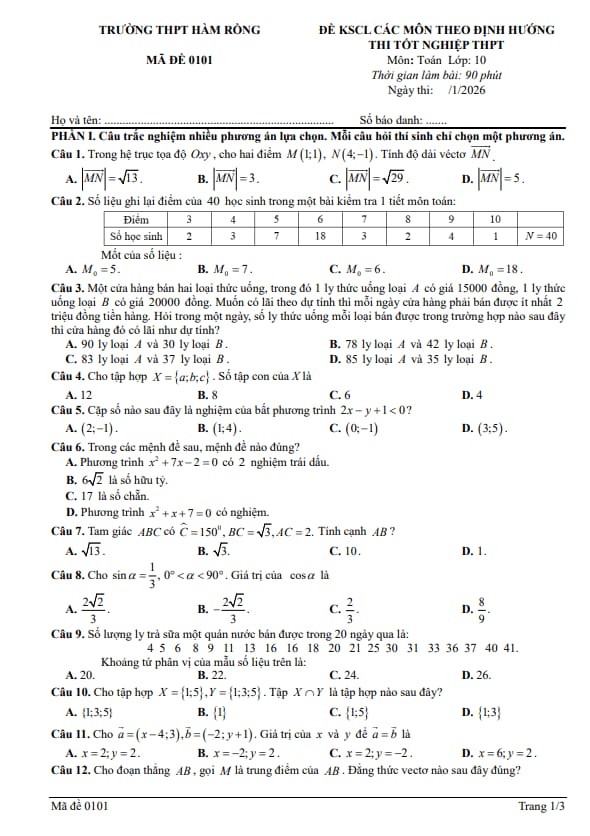 đề khảo sát toán 10 năm 2025 – 2026 trường thpt hàm rồng – thanh hóa