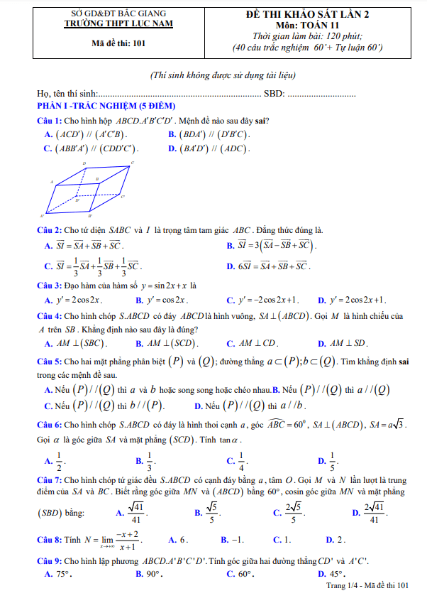 đề khảo sát toán 11 lần 2 năm 2022 – 2023 trường thpt lục nam – bắc giang