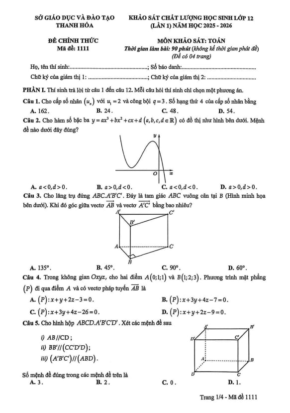 đề khảo sát toán 12 lần 1 năm 2025 – 2026 sở gd&đt thanh hóa
