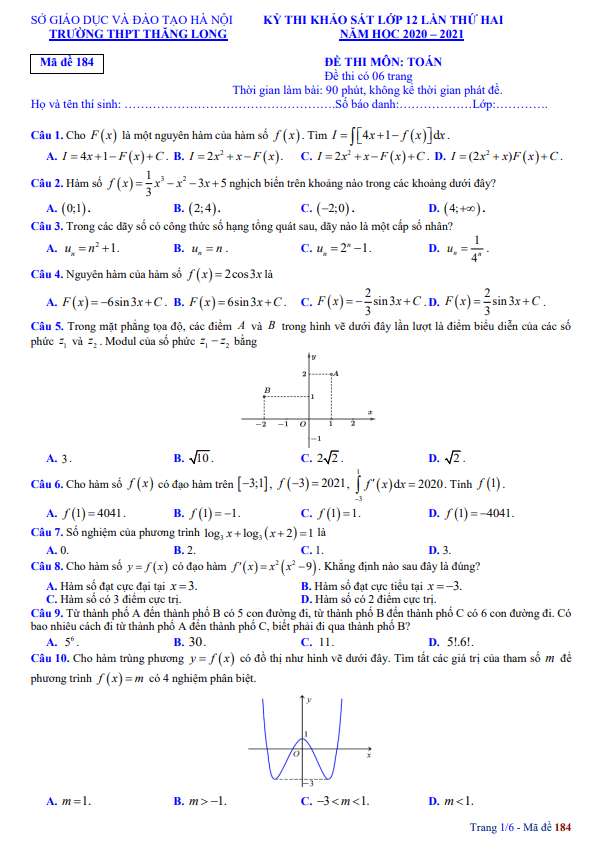 đề khảo sát toán 12 lần 2 năm 2020 – 2021 trường thpt thăng long – hà nội