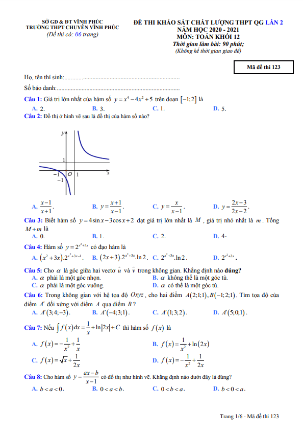 đề khảo sát toán 12 lần 2 thi thpt qg 2021 trường thpt chuyên vĩnh phúc