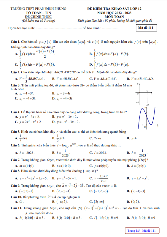 đề khảo sát toán 12 năm 2022 – 2023 trường thpt phan đình phùng – hà nội