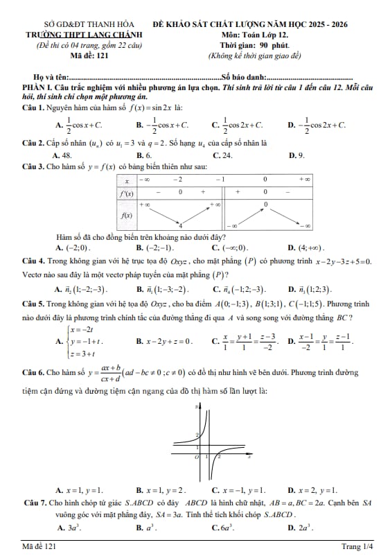 đề khảo sát toán 12 năm 2025 – 2026 trường thpt lang chánh – thanh hóa