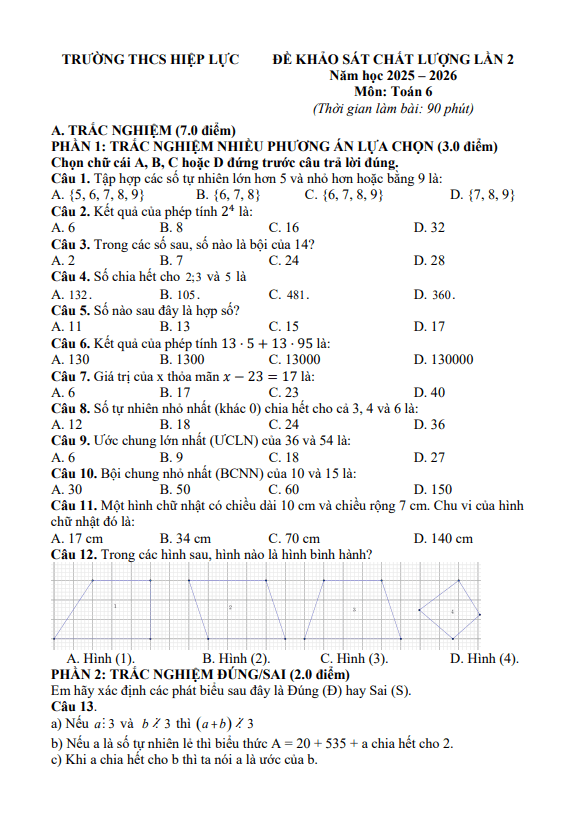 đề khảo sát toán 6 lần 2 năm 2025 – 2026 trường thcs hiệp lực – hải phòng