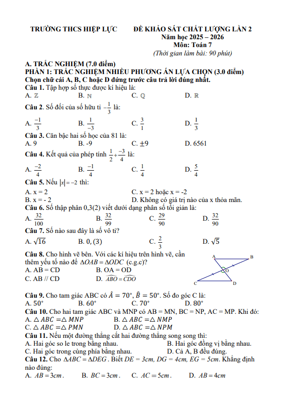 đề khảo sát toán 7 lần 2 năm 2025 – 2026 trường thcs hiệp lực – hải phòng