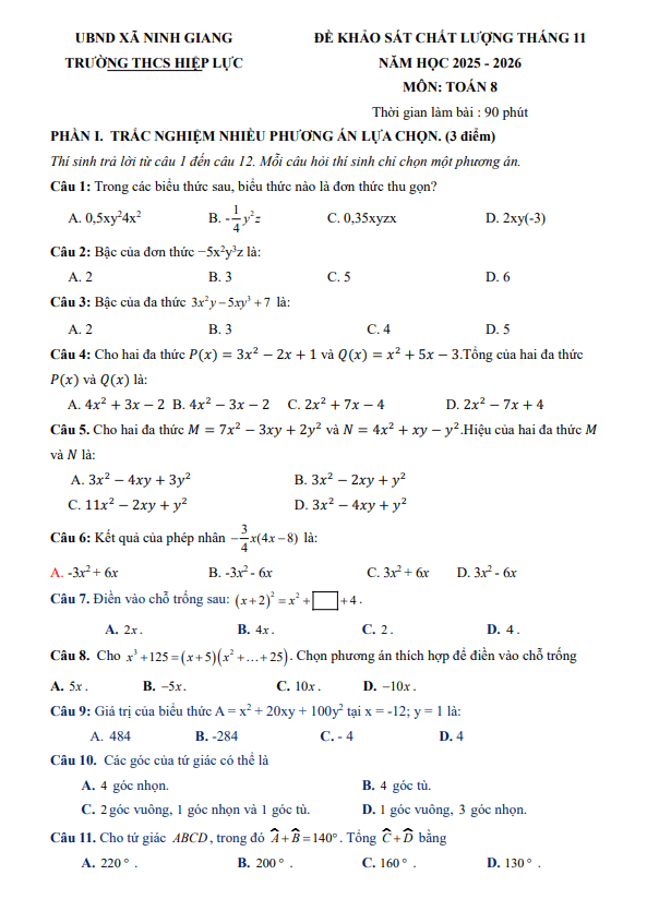 đề khảo sát toán 8 tháng 11 năm 2025 trường thcs hiệp lực – hải phòng