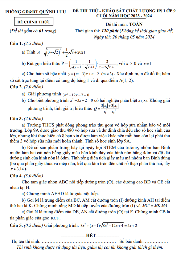 đề khảo sát toán 9 cuối năm 2023 – 2024 phòng gd&đt quỳnh lưu – nghệ an