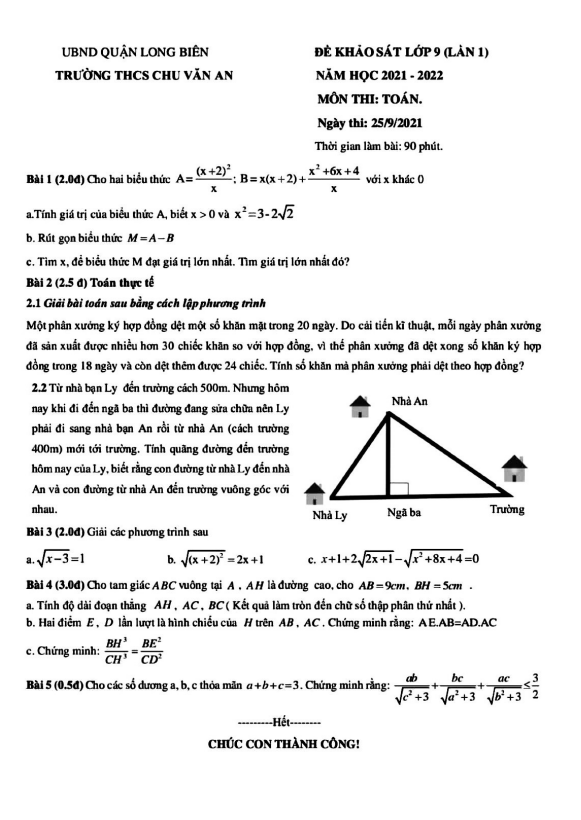 đề khảo sát toán 9 (lần 1) năm 2021 – 2022 trường thcs chu văn an – hà nội