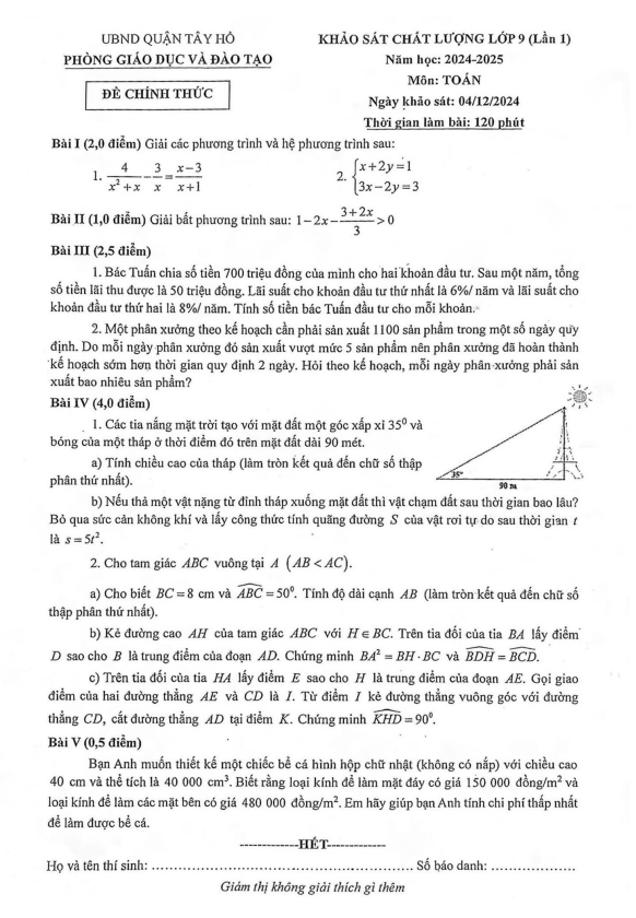 đề khảo sát toán 9 lần 1 năm 2024 – 2025 phòng gd&đt tây hồ – hà nội