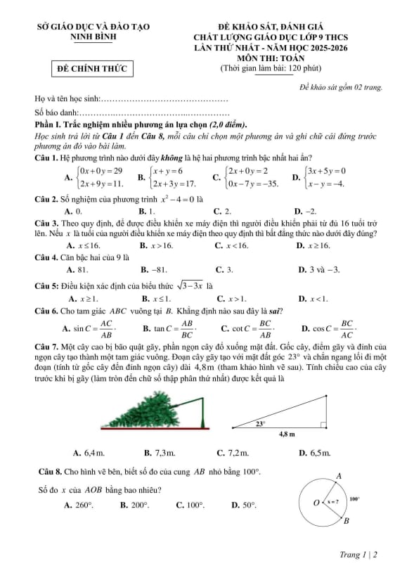 đề khảo sát toán 9 lần 1 năm 2025 – 2026 sở gd&đt ninh bình