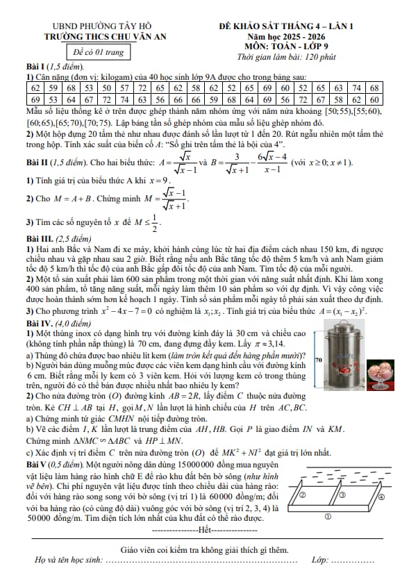 đề khảo sát toán 9 lần 1 tháng 4 năm 2026 trường thcs chu văn an – hà nội