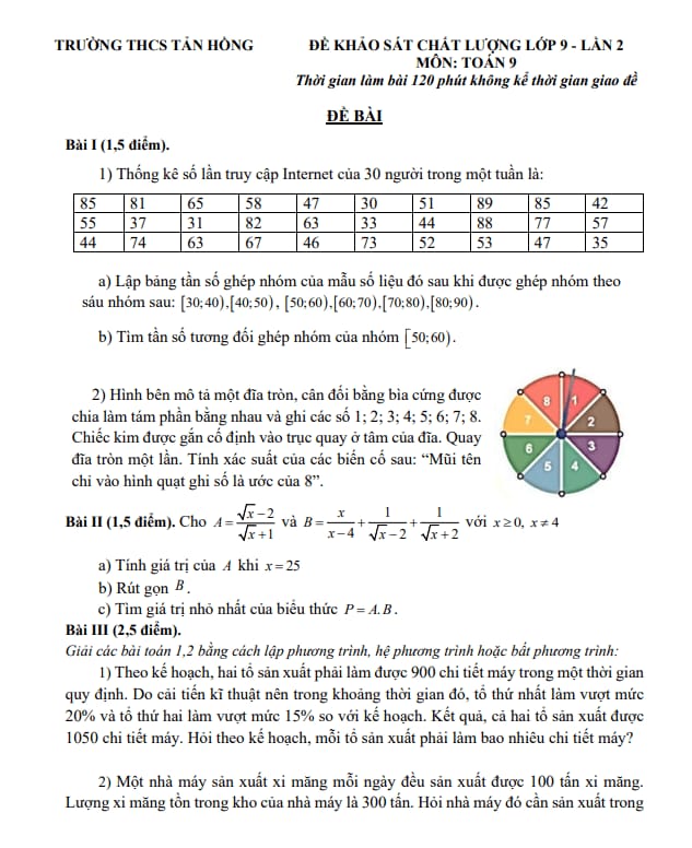 đề khảo sát toán 9 lần 2 năm 2025 – 2026 trường thcs tản hồng – hà nội