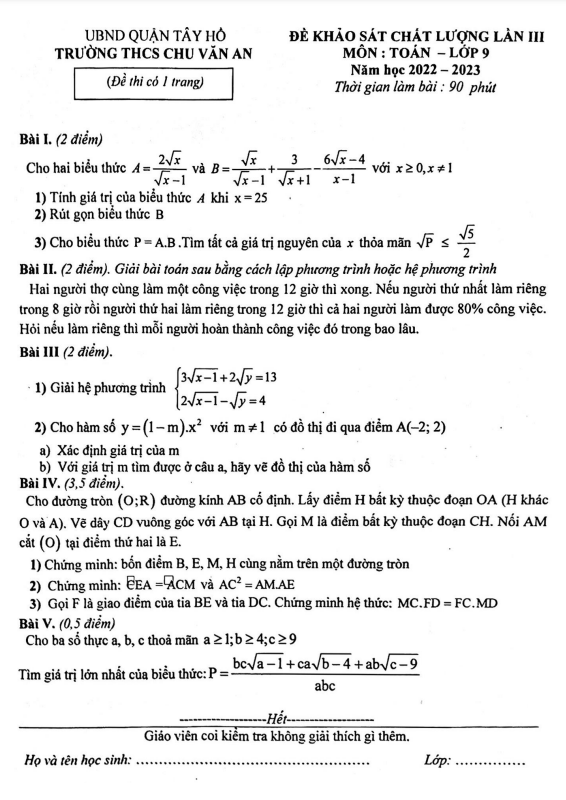 đề khảo sát toán 9 lần 3 năm 2022 – 2023 trường thcs chu văn an – hà nội