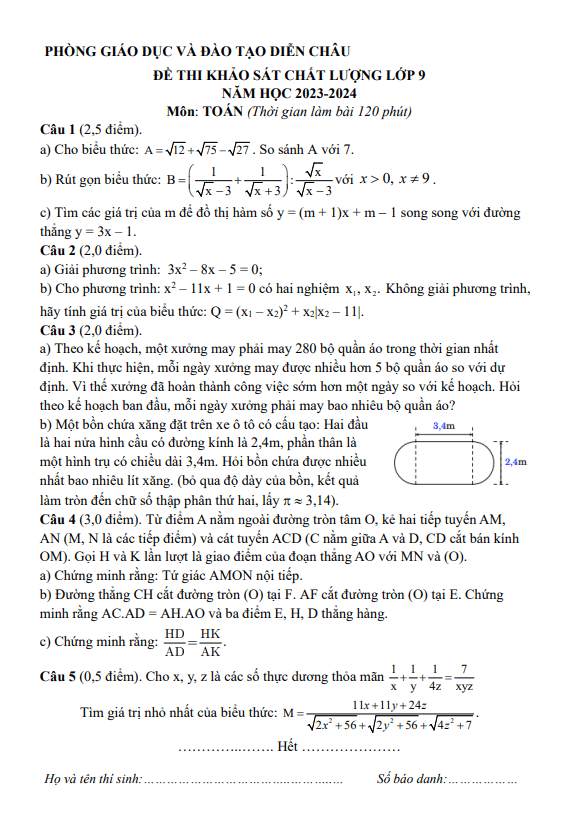 đề khảo sát toán 9 năm 2023 – 2024 phòng gd&đt diễn châu – nghệ an