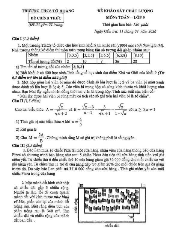 đề khảo sát toán 9 năm 2025 – 2026 trường thcs tô hoàng – hà nội
