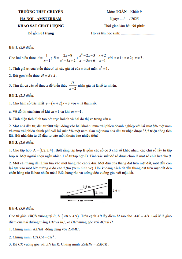 đề khảo sát toán 9 năm 2025 – 2026 trường thpt chuyên hà nội – amsterdam