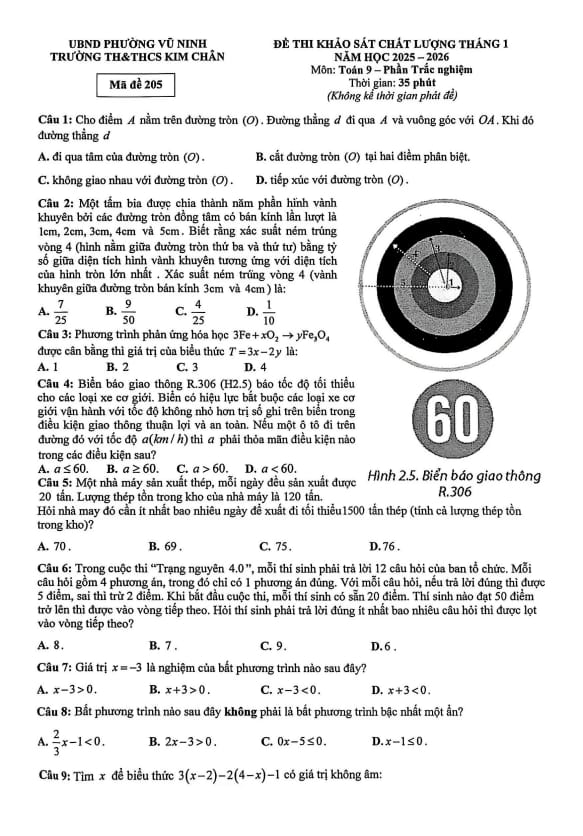 đề khảo sát toán 9 tháng 1 năm 2026 trường th&thcs kim chân – bắc ninh