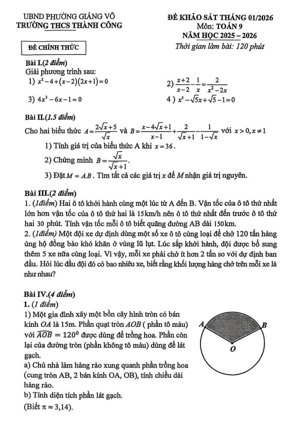 đề khảo sát toán 9 tháng 1 năm 2026 trường thcs thành công – hà nội