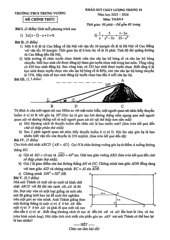 đề khảo sát toán 9 tháng 10 năm 2025 trường thcs trưng vương – hà nội