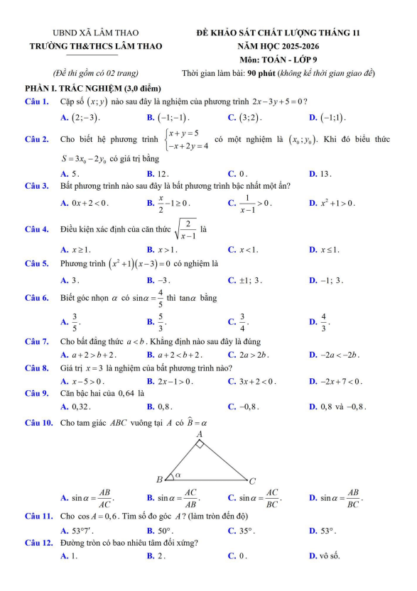 đề khảo sát toán 9 tháng 11 năm 2025 trường th&thcs lâm thao – bắc ninh