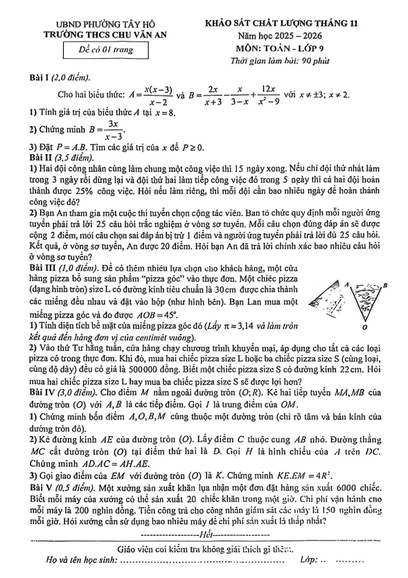 đề khảo sát toán 9 tháng 11 năm 2025 trường thcs chu văn an – hà nội