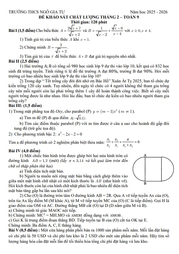 đề khảo sát toán 9 tháng 2 năm 2026 trường thcs ngô gia tự – hà nội