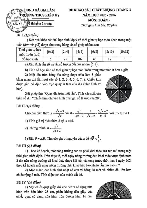 đề khảo sát toán 9 tháng 3 năm 2026 trường thcs kiêu kỵ – hà nội